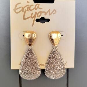 Erica Lyons Silver Tone Textured Teardrop Dangle Earrings Pierced Free Gift Bag
